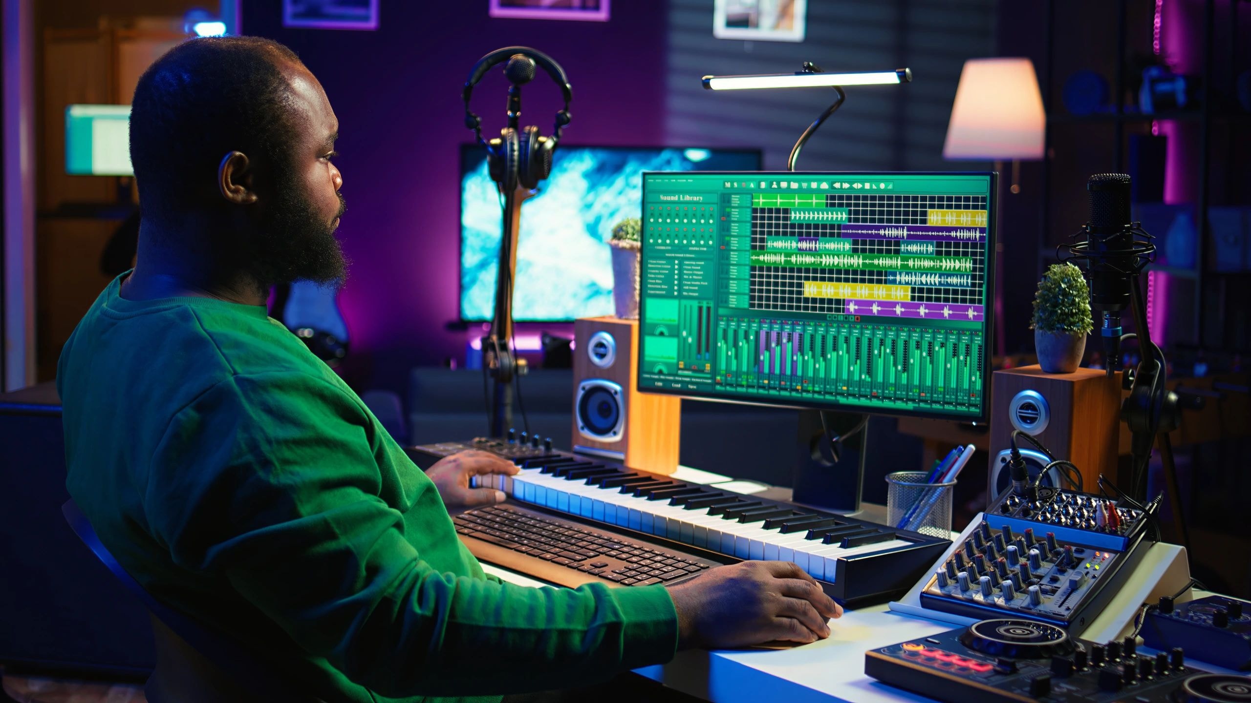 Music producer working in a neon-lit studio